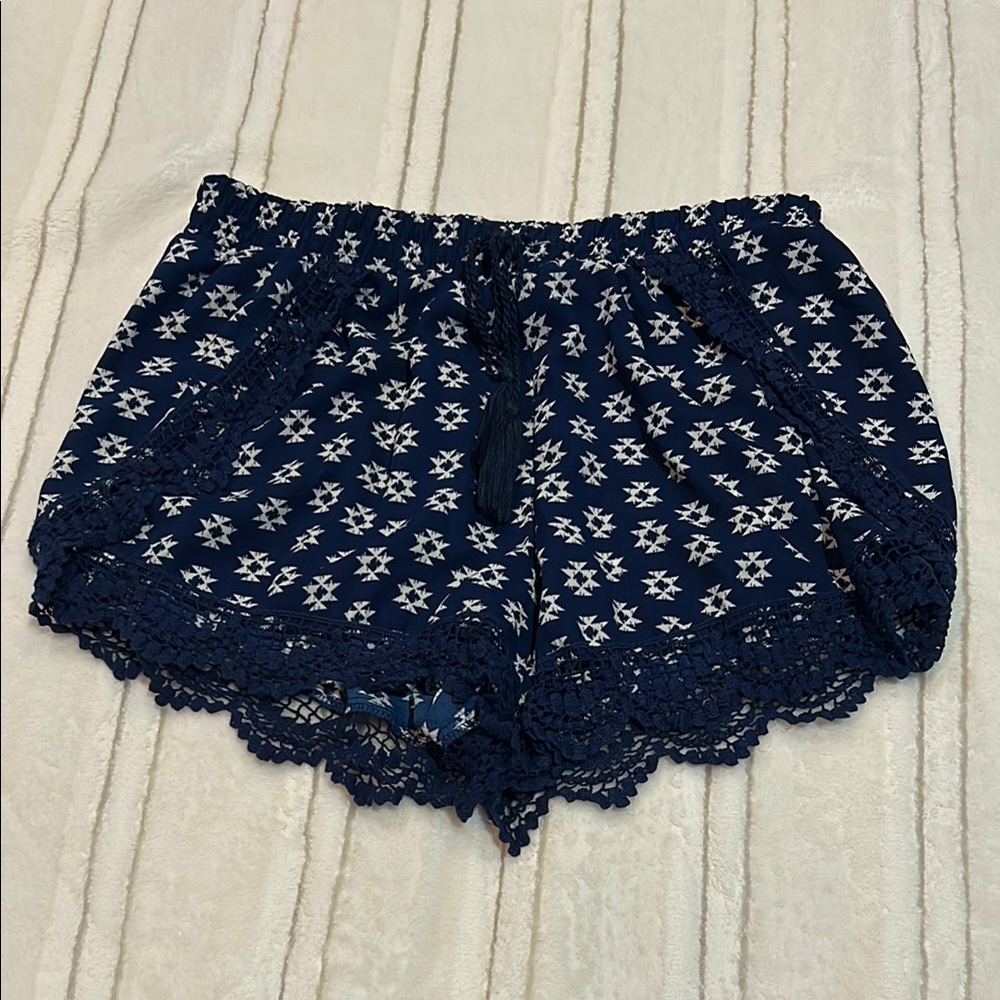 Xhilaration Blue and White High Waist Shorts with Lace Trim